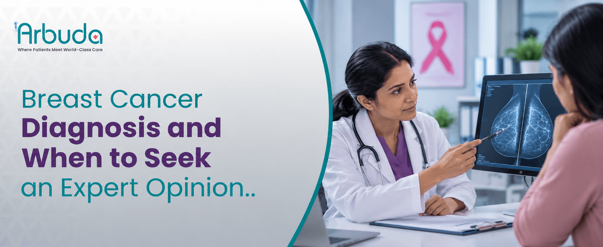Breast cancer expert opinion consultation with doctor reviewing mammogram